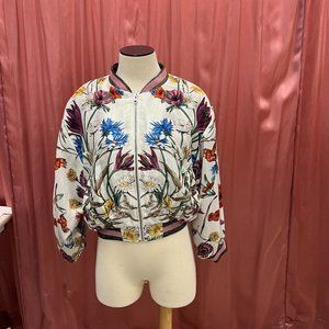 elevenses Anthropologie Rubie Satin Floral Bomber Jacket Size Small